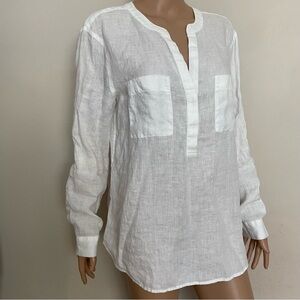 Women's ANN TAYLOR White PURE LINEN Popover Long TUNIC Blouse  L